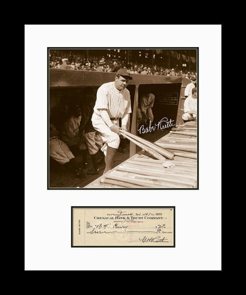Babe Ruth in Dugout with Check