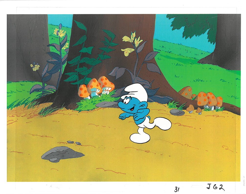 The Smurfs - Original animation cel of Smurfette, Grouchy and another –  Gallery Animation